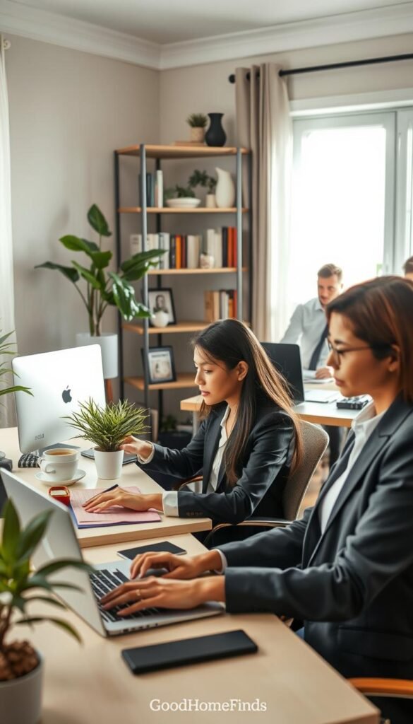 A contemporary home office scene featuring diverse individuals in professional business attire and modest casual clothing, working at elegantly designed desks. In the foreground, a focused woman types on a laptop, surrounded by houseplants and neatly organized stationery. The middle ground includes a man participating in a video conference, framed by a stylish bookshelf filled with industry books and decorative pieces. The background reveals a bright window with daylight streaming in, creating a warm and inviting atmosphere. Soft, natural light enhances the cozy yet professional setting, using a wide-angle lens to capture the entire scene effectively. The image embodies a harmonious blend of productivity and comfort, suitable for showcasing the modern work-from-home tech lifestyle, branded with "GoodHomeFinds."
