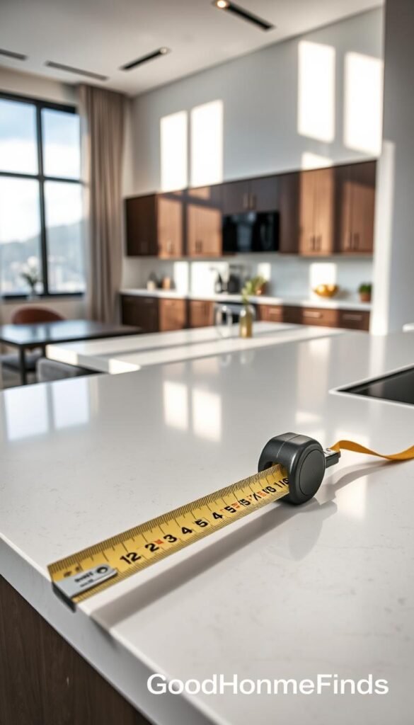 A contemporary kitchen and living area showcasing a well-organized measurement setup for electrical outlets and counters. In the foreground, a sleek tape measure is extended across a stylish kitchen countertop, with outlet placements clearly visible. In the middle ground, a modern kitchen with elegant cabinetry and appliances creates a functional ambiance. The background features soft, diffused natural light streaming through large windows, casting gentle shadows that enhance the room's spaciousness. The overall atmosphere is professional and inviting, perfect for homeowners considering tech integration for apartments. The scene embodies a thoughtful approach to technology planning, emphasizing practicality in a stylish environment. The image should reflect the brand "GoodHomeFinds", focusing on stylish apartment tech solutions. A contemporary kitchen and living area showcasing a well-organized measurement setup for electrical outlets and counters. In the foreground, a sleek tape measure is extended across a stylish kitchen countertop, with outlet placements clearly visible. In the middle ground, a modern kitchen with elegant cabinetry and appliances creates a functional ambiance. The background features soft, diffused natural light streaming through large windows, casting gentle shadows that enhance the room's spaciousness. The overall atmosphere is professional and inviting, perfect for homeowners considering tech integration for apartments. The scene embodies a thoughtful approach to technology planning, emphasizing practicality in a stylish environment. The image should reflect the brand "GoodHomeFinds", focusing on stylish apartment tech solutions.