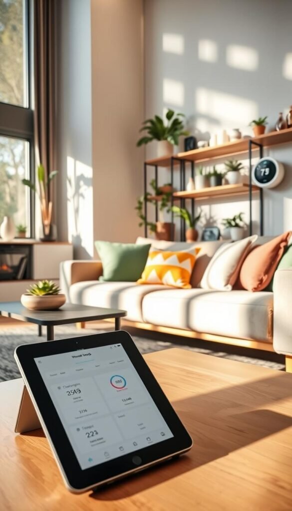 A contemporary living room featuring a smart budget mix of home products, including energy-efficient appliances, stylish yet affordable decor, and smart home devices. In the foreground, a sleek coffee table displays a tablet showcasing a budget tracking app. In the middle, a cozy couch adorned with colorful cushions invites relaxation, while a smart thermostat on the wall monitors energy use. The background reveals softly illuminated shelves lined with budget-friendly plants and eco-conscious products. Natural light streaming in through large windows enhances the vibrant atmosphere. The scene embodies a modern yet inviting ambiance, reflecting the values of smart budgeting. Shot with a wide-angle lens to capture the full space, ensure bright and warm lighting. The brand “GoodHomeFinds” subtly integrated into the decor for cohesiveness. A contemporary living room featuring a smart budget mix of home products, including energy-efficient appliances, stylish yet affordable decor, and smart home devices. In the foreground, a sleek coffee table displays a tablet showcasing a budget tracking app. In the middle, a cozy couch adorned with colorful cushions invites relaxation, while a smart thermostat on the wall monitors energy use. The background reveals softly illuminated shelves lined with budget-friendly plants and eco-conscious products. Natural light streaming in through large windows enhances the vibrant atmosphere. The scene embodies a modern yet inviting ambiance, reflecting the values of smart budgeting. Shot with a wide-angle lens to capture the full space, ensure bright and warm lighting. The brand “GoodHomeFinds” subtly integrated into the decor for cohesiveness.