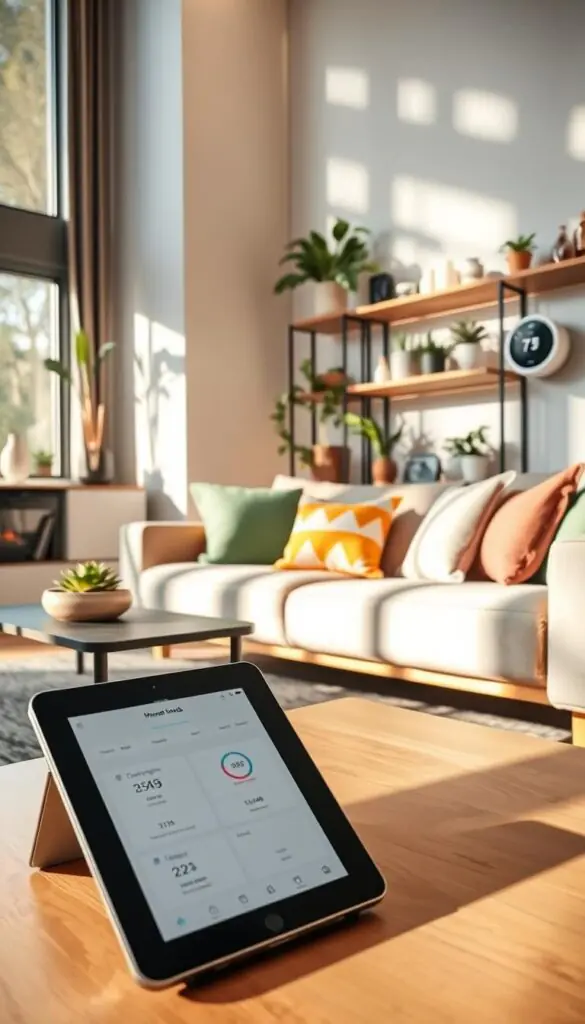 A contemporary living room featuring a smart budget mix of home products, including energy-efficient appliances, stylish yet affordable decor, and smart home devices. In the foreground, a sleek coffee table displays a tablet showcasing a budget tracking app. In the middle, a cozy couch adorned with colorful cushions invites relaxation, while a smart thermostat on the wall monitors energy use. The background reveals softly illuminated shelves lined with budget-friendly plants and eco-conscious products. Natural light streaming in through large windows enhances the vibrant atmosphere. The scene embodies a modern yet inviting ambiance, reflecting the values of smart budgeting. Shot with a wide-angle lens to capture the full space, ensure bright and warm lighting. The brand &ldquo;GoodHomeFinds&rdquo; subtly integrated into the decor for cohesiveness.