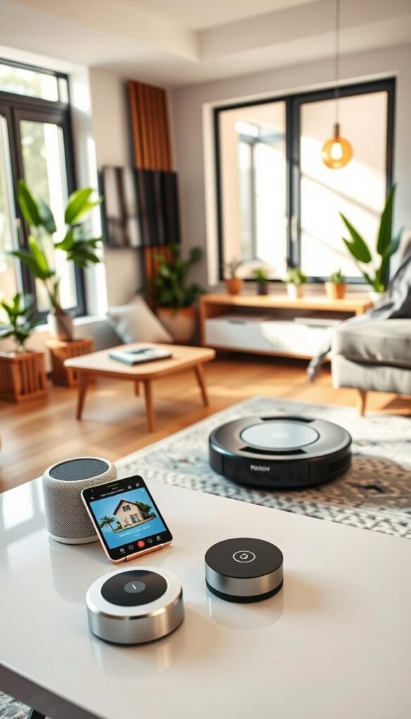 A contemporary living space showcasing an array of practical smart devices designed for small apartments. In the foreground, a stylish smart speaker and a compact smart thermostat sit on a sleek coffee table, alongside a smartphone displaying a home automation app. The middle layer features a compact robotic vacuum cleaner gliding across a stylish rug, while a smart light bulb emits a warm, inviting glow. In the background, a cozy seating area is highlighted by a smart TV mounted on a wall, framed by potted plants. Natural light streams through large windows, creating a bright, airy atmosphere. The scene conveys a modern, efficient lifestyle, reflecting innovative living with ease and comfort. This image captures the essence of "GoodHomeFinds", evoking a Pinterest-style aesthetic.