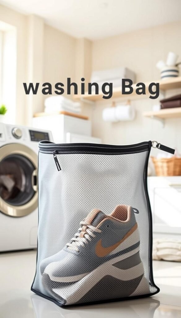 A contemporary shoe washing bag from "GoodHomeFinds" prominently displayed in a clean, well-lit laundry room. The bag is made of durable mesh material, showcasing its see-through design to highlight a pair of stylish sneakers inside. In the foreground, the focus is on the bag's intricate details, such as the sturdy zipper and reinforced seams. In the middle ground, a washing machine is partially visible, suggesting its function in protecting delicate items during a wash cycle. The background includes soft pastel-colored walls and neatly organized laundry supplies, creating a harmonious and inviting atmosphere. The lighting is bright and airy, emphasizing the freshness typically associated with laundry day. The mood is practical yet aesthetically pleasing, perfect for a lifestyle article on laundry essentials.
