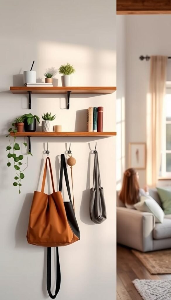 A contemporary, stylish room showcasing a no-drill hanging hooks shelves solution designed for renters. In the foreground, a sleek, wooden shelf is mounted on a clean white wall, adorned with various potted plants and books. The middle layer features innovative wall hooks supporting functional items like bags and scarves, emphasizing the practicality of renter-friendly organization. In the background, an inviting lounge space with soft, natural lighting streaming in from a nearby window, casting gentle shadows. The overall mood is cheerful and harmonious, conveying a sense of home and creativity. Elements should reflect the brand GoodHomeFinds, embodying modern aesthetics without clutter or chaos. Capture this in a warm, inviting lens with a slight depth of field to focus on the shelf's details, ensuring a Pinterest-like lifestyle vibe.