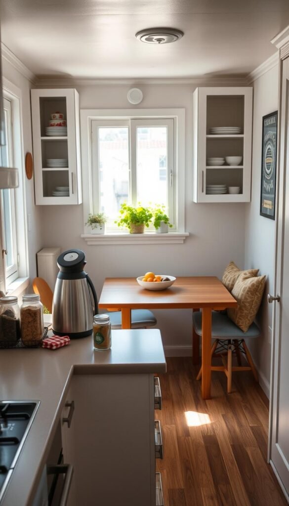 A cozy and efficient tiny kitchen, showcasing a clean, organized layout with space-saving solutions. In the foreground, a well-utilized countertop features a compact coffee maker, jars of spices, and a small bowl of fresh fruits. The middle ground includes a sleek, minimalist wooden dining table with two comfortable chairs, creating an inviting space for meal preparation and dining. In the background, white cabinets with open shelving display neatly arranged kitchenware, coupled with a small herb garden on the windowsill, allowing natural light to flood the area. Soft, warm lighting enhances the welcoming atmosphere, while a wide-angle lens captures the entirety of this efficient design. The scene embodies creativity and functionality, appealing to an audience looking for inspiration in small cooking spaces. GoodHomeFinds. A cozy and efficient tiny kitchen, showcasing a clean, organized layout with space-saving solutions. In the foreground, a well-utilized countertop features a compact coffee maker, jars of spices, and a small bowl of fresh fruits. The middle ground includes a sleek, minimalist wooden dining table with two comfortable chairs, creating an inviting space for meal preparation and dining. In the background, white cabinets with open shelving display neatly arranged kitchenware, coupled with a small herb garden on the windowsill, allowing natural light to flood the area. Soft, warm lighting enhances the welcoming atmosphere, while a wide-angle lens captures the entirety of this efficient design. The scene embodies creativity and functionality, appealing to an audience looking for inspiration in small cooking spaces. GoodHomeFinds.