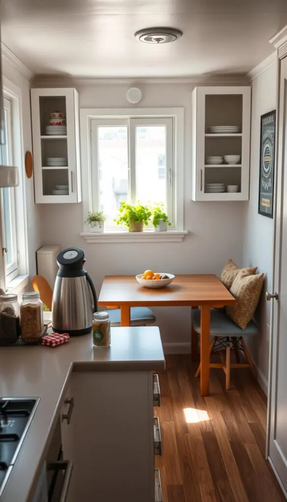 A cozy and efficient tiny kitchen, showcasing a clean, organized layout with space-saving solutions. In the foreground, a well-utilized countertop features a compact coffee maker, jars of spices, and a small bowl of fresh fruits. The middle ground includes a sleek, minimalist wooden dining table with two comfortable chairs, creating an inviting space for meal preparation and dining. In the background, white cabinets with open shelving display neatly arranged kitchenware, coupled with a small herb garden on the windowsill, allowing natural light to flood the area. Soft, warm lighting enhances the welcoming atmosphere, while a wide-angle lens captures the entirety of this efficient design. The scene embodies creativity and functionality, appealing to an audience looking for inspiration in small cooking spaces. GoodHomeFinds.