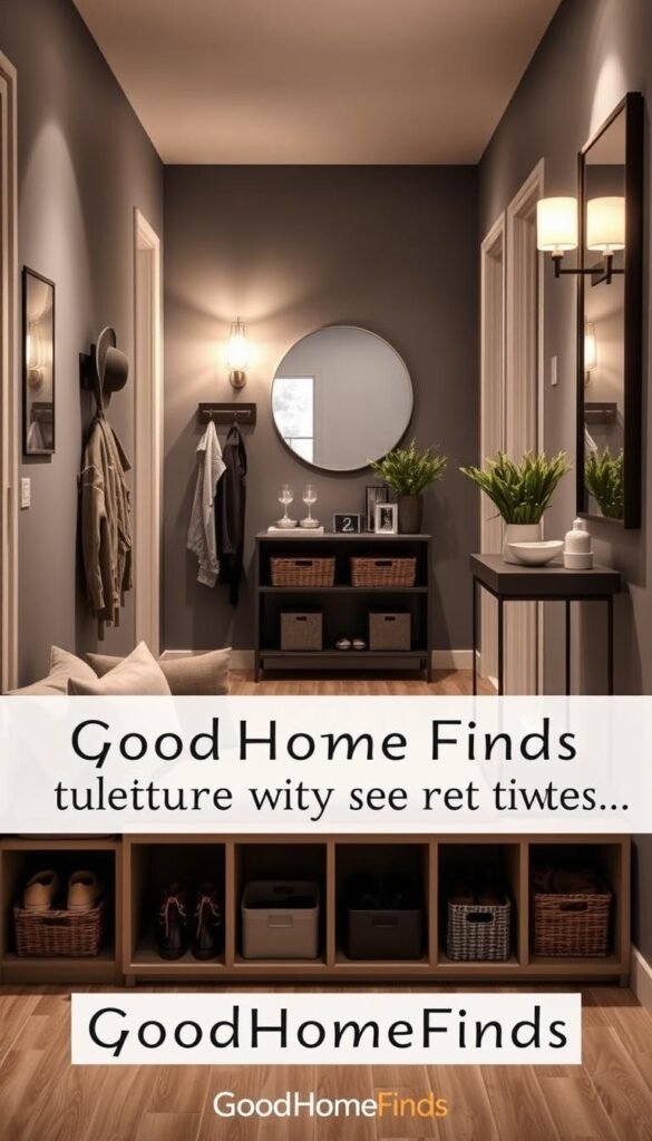 A cozy and functional hallway featuring stylish entryway furniture that embodies the essence of practical storage solutions. In the foreground, a sleek, modern bench with soft cushions in muted tones invites relaxation, while underneath, cubbies hold neatly arranged shoes and baskets. The middle ground showcases a vertical coat rack with a mix of hats and jackets, adjacent to a compact console table adorned with decorative items and a small potted plant. In the background, soft ambient lighting casts a warm glow from a stylish wall sconce above a large mirror, enhancing the space's openness. The photograph is taken from a slight angle to capture depth, creating a Pinterest-worthy lifestyle image that embodies elegance and functionality. Brand name "GoodHomeFinds" is subtly referenced in the scene. A cozy and functional hallway featuring stylish entryway furniture that embodies the essence of practical storage solutions. In the foreground, a sleek, modern bench with soft cushions in muted tones invites relaxation, while underneath, cubbies hold neatly arranged shoes and baskets. The middle ground showcases a vertical coat rack with a mix of hats and jackets, adjacent to a compact console table adorned with decorative items and a small potted plant. In the background, soft ambient lighting casts a warm glow from a stylish wall sconce above a large mirror, enhancing the space's openness. The photograph is taken from a slight angle to capture depth, creating a Pinterest-worthy lifestyle image that embodies elegance and functionality. Brand name "GoodHomeFinds" is subtly referenced in the scene.