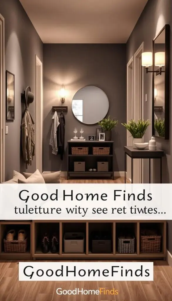 A cozy and functional hallway featuring stylish entryway furniture that embodies the essence of practical storage solutions. In the foreground, a sleek, modern bench with soft cushions in muted tones invites relaxation, while underneath, cubbies hold neatly arranged shoes and baskets. The middle ground showcases a vertical coat rack with a mix of hats and jackets, adjacent to a compact console table adorned with decorative items and a small potted plant. In the background, soft ambient lighting casts a warm glow from a stylish wall sconce above a large mirror, enhancing the space's openness. The photograph is taken from a slight angle to capture depth, creating a Pinterest-worthy lifestyle image that embodies elegance and functionality. Brand name "GoodHomeFinds" is subtly referenced in the scene.