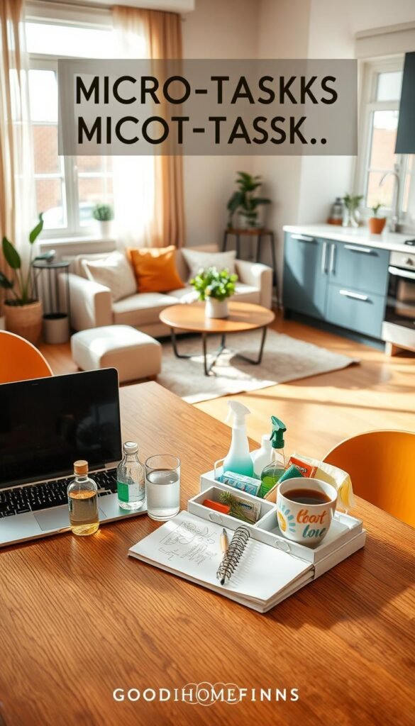 A cozy and inviting apartment interior showcasing daily micro-tasks for cleaning. In the foreground, a stylish wooden dining table is set with a laptop, a notepad with scribbles, and a cup of coffee. A neatly organized cleaning caddy filled with eco-friendly supplies like spray bottles, cloths, and sponges rests beside it. In the middle, a sunny living room with a soft, clean couch adorned with cushions, a small potted plant, and a light rug. In the background, a sparkling kitchen with gleaming appliances and a plant on the windowsill. Warm natural lighting cascades through the windows, creating a cheerful and motivating atmosphere. The overall mood is calm and productive, exemplifying a simple, efficient cleaning routine. Style: realistic, Pinterest-inspired. Brand: GoodHomeFinds.