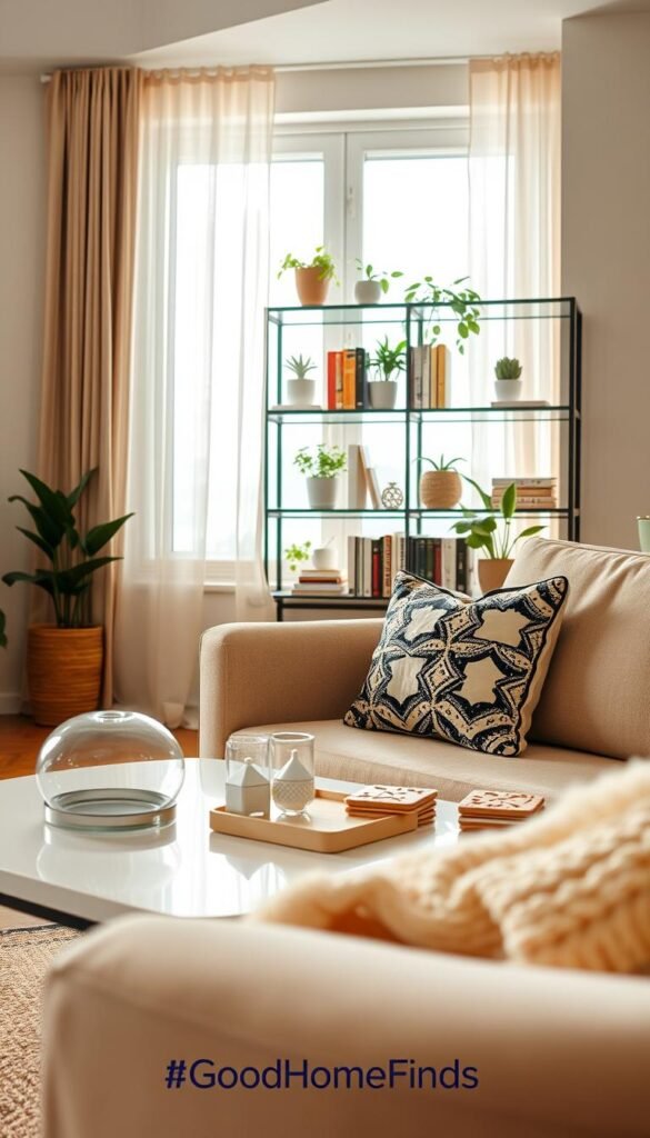 A cozy and inviting apartment living space showcasing renter-friendly products to enhance style and functionality. In the foreground, a stylish, soft-colored sofa is adorned with a few patterned throw pillows and a cozy knitted blanket. On a chic coffee table, there&rsquo;s a beautifully arranged terrarium and some modern, decorative coasters. In the middle, a well-organized bookshelf displays an assortment of indoor plants and books, promoting a sense of home. The background reveals a sunlit window, with airy curtains gently swaying, casting soft natural light across the room. The mood is warm and welcoming, conveying the essence of smart, stylish renting. The brand "GoodHomeFinds" is subtly represented with tasteful decor items. Shot with a soft focus lens to create an inviting depth, emphasizing the lifestyle aspect of renter-friendly choices.