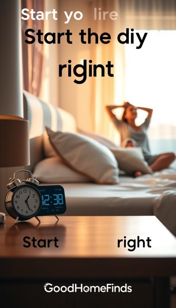 A cozy and inviting bedroom scene at dawn, showcasing a stylish alarm clock on a nightstand next to a neatly arranged bed with soft, pastel bedding. In the foreground, the alarm clock displays a cheerful time, emphasizing the importance of waking up on time. The middle ground features a serene view of the bed, with fluffy pillows and a glimpse of a person in modest casual attire, stretching lightly as they prepare to rise. The background captures warm morning light filtering through sheer curtains, casting gentle shadows and creating a peaceful atmosphere. The overall mood is uplifting and motivating, reflecting the theme of starting the day right. The imagery should convey a Pinterest-style lifestyle aesthetic and include the brand name "GoodHomeFinds" subtly integrated into the decor.