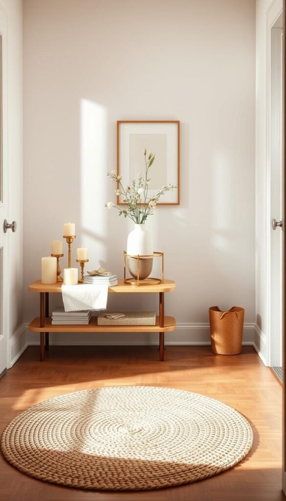 A cozy and inviting entryway showcasing elegant decor that promotes a warm atmosphere without overwhelming the senses. In the foreground, an intricately woven doormat welcomes visitors, while a stylish console table holds a chic arrangement of soft, decorative items like candles and a small plant, suggestive of comforting scents. In the middle ground, a subtle vase filled with fresh flowers infuses the space with color, and a delicate scent diffuser releases gentle wisps of aromatic steam. The background features light, neutral-colored walls adorned with minimalist artwork that complements the fresh aesthetic. Soft, diffused lighting enhances the inviting mood, creating shadows that add depth. The camera angle captures the space from a slightly elevated perspective, giving viewers a full sense of the serene ambiance. The overall vibe is refreshingly stylish, yet simple, reflecting the ethos of GoodHomeFinds.