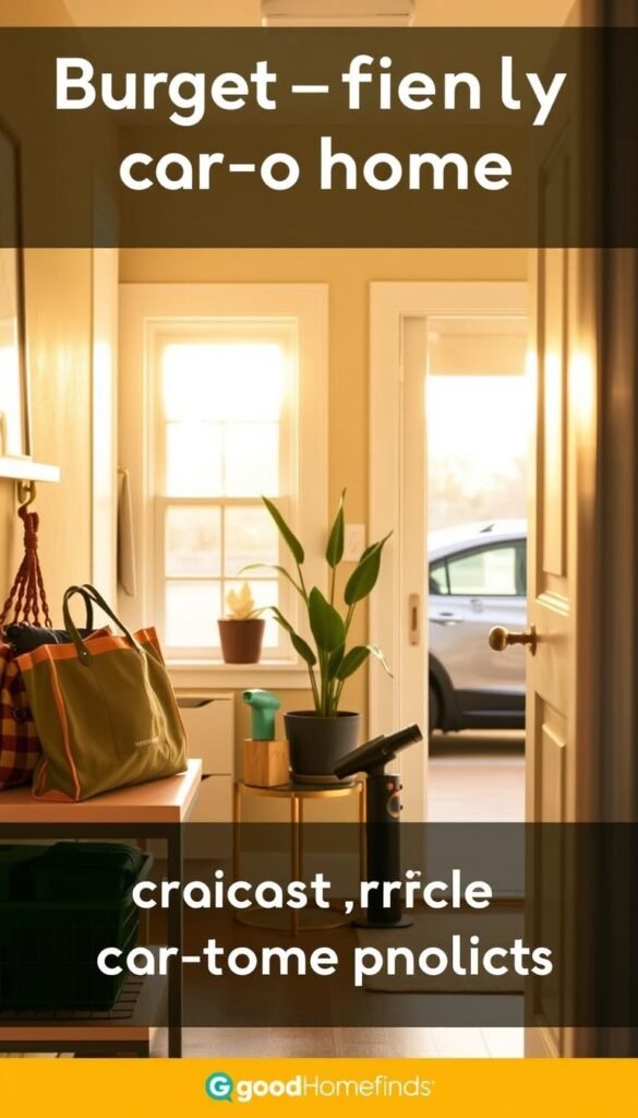 A cozy and inviting home interior, featuring a stylish entryway that seamlessly blends with automotive elements, symbolizing budget-friendly car-to-home products. In the foreground, a neatly organized shelf with essential items like a reusable shopping bag, compact multi-tool, and portable car vacuum cleaner, all from the brand "GoodHomeFinds." The middle ground showcases a well-lit window with soft natural sunlight pouring in, highlighting a potted plant and an attractive decor item. In the background, a glimpse of a car parked just outside the door, suggesting convenience and accessibility. The overall mood is warm and practical, with a touch of modern aesthetic, captured from a slightly elevated angle for an engaging perspective in vibrant colors.