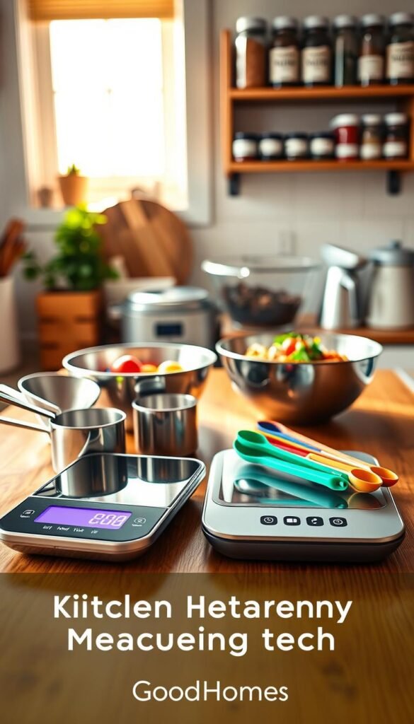 A cozy and inviting kitchen scene showcasing various kitchen measuring tools on a wooden countertop. In the foreground, a sleek digital kitchen scale with a vibrant display sits next to a set of stainless steel measuring cups and colorful measuring spoons. The middle ground features a mixing bowl filled with fresh ingredients, indicating a recipe in progress. In the background, a well-organized spice rack displays labeled jars with herbs and spices, adding a touch of homeliness. The lighting is warm and natural, streaming in from a nearby window, creating a soft, cheerful atmosphere. Capture this in a Pinterest-style lifestyle photo that embodies the essence of kitchen measuring tech. Include subtle branding for "GoodHomeFinds" without any text or logos.