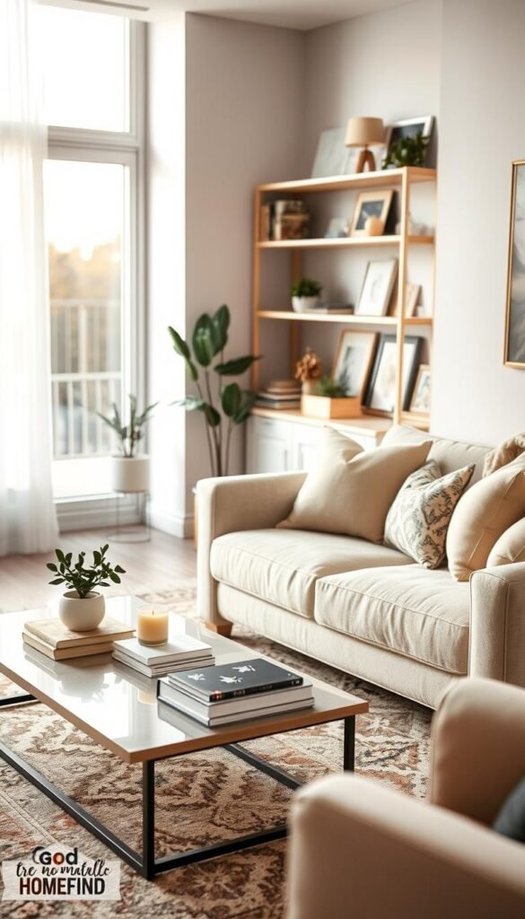 A cozy and inviting living room featuring a minimalist design with a neutral color palette of soft grays and warm beiges. In the foreground, a chic, plush sofa adorned with decorative cushions, and a stylish coffee table with a stack of neatly arranged books and a calming scented candle. The middle ground showcases a tasteful area rug that adds warmth, alongside a small potted plant for a touch of greenery. The background includes a beautifully organized shelf filled with artful decor and a large window letting in soft, warm evening light, creating a serene atmosphere. The scene should evoke a sense of tranquility and order, perfect for unwinding. Photographed with a warm filter to enhance the cozy vibe, reminiscent of Pinterest lifestyle aesthetics. GoodHomeFinds.