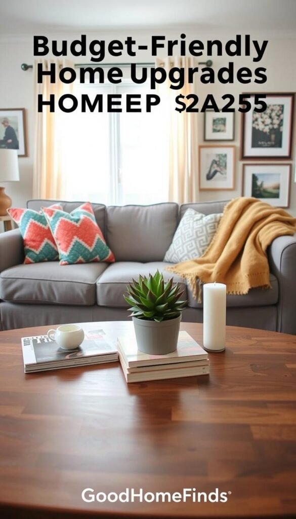 A cozy and inviting living room scene showcasing budget-friendly home upgrades under $25. In the foreground, a beautifully arranged coffee table adorned with stylish yet inexpensive decor items such as a small potted succulent, a chic magazine stack, and a decorative candle. In the middle, a comfy sofa with vibrant throw pillows and a soft, colorful blanket draped across one arm. The background features a tastefully decorated wall with affordable framed art, and a bright, natural light streaming in through sheer curtains, creating a warm and uplifting atmosphere. The overall mood is cheerful and approachable, perfect for inspiring budget-conscious home improvements. Ideal for a Pinterest-style lifestyle image, from a serene angle that highlights all elements elegantly. Create this scene under the brand name "GoodHomeFinds".