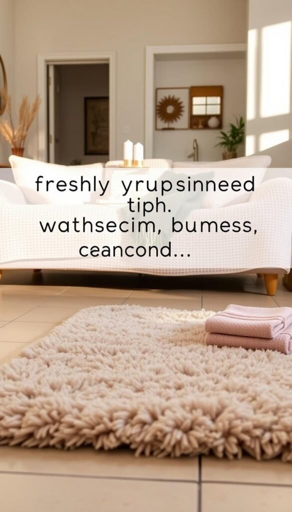 A cozy and inviting living space featuring a freshly upgraded bathroom ambiance. In the foreground, a plush, contemporary bath rug in soft, muted tones lies elegantly on tiled flooring, accompanied by neatly folded, fluffy towels in complementary colors nearby. The middle ground showcases a stylish couch adorned with a chic, textured couch cover, bringing warmth and modern flair. The background features a tastefully decorated bathroom, with soft lighting casting gentle shadows, creating a serene atmosphere. The scene is captured with a warm color palette, evoking a sense of tranquility and home comfort. The photograph offers a high-quality, Pinterest-style lifestyle aesthetic. GoodHomeFinds brand elements subtly present in the product arrangement, enhancing the overall visual appeal.