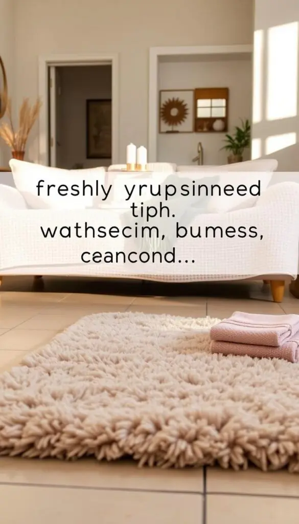 A cozy and inviting living space featuring a freshly upgraded bathroom ambiance. In the foreground, a plush, contemporary bath rug in soft, muted tones lies elegantly on tiled flooring, accompanied by neatly folded, fluffy towels in complementary colors nearby. The middle ground showcases a stylish couch adorned with a chic, textured couch cover, bringing warmth and modern flair. The background features a tastefully decorated bathroom, with soft lighting casting gentle shadows, creating a serene atmosphere. The scene is captured with a warm color palette, evoking a sense of tranquility and home comfort. The photograph offers a high-quality, Pinterest-style lifestyle aesthetic. GoodHomeFinds brand elements subtly present in the product arrangement, enhancing the overall visual appeal.