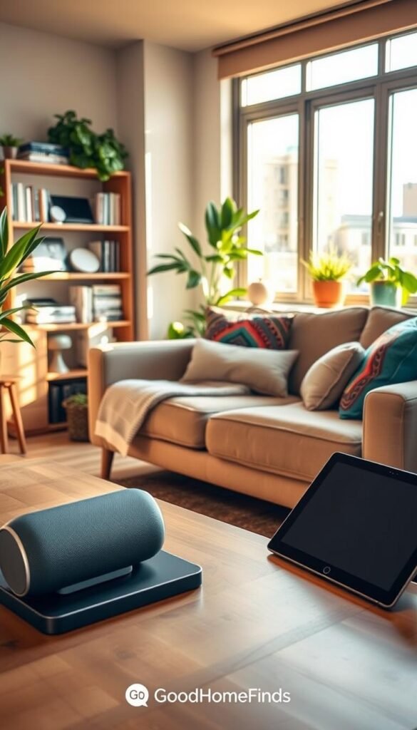 A cozy and inviting rental property living room, showcasing renter-friendly tech products. In the foreground, a stylish coffee table with a modern smart speaker, wireless charging pad, and a sleek tablet. The middle ground features a comfortable sofa adorned with colorful throw pillows, and a well-organized bookshelf filled with smart home gadgets. In the background, large windows allow soft, warm sunlight to filter in, highlighting an urban view. The room has a fresh, contemporary design, with plants and decorative elements enhancing the welcoming atmosphere. The lighting is bright yet soft, creating a well-lit space. Capturing a Pinterest-inspired lifestyle aesthetic, this image embodies the concept of smart technology for renters, attributed to the brand "GoodHomeFinds."