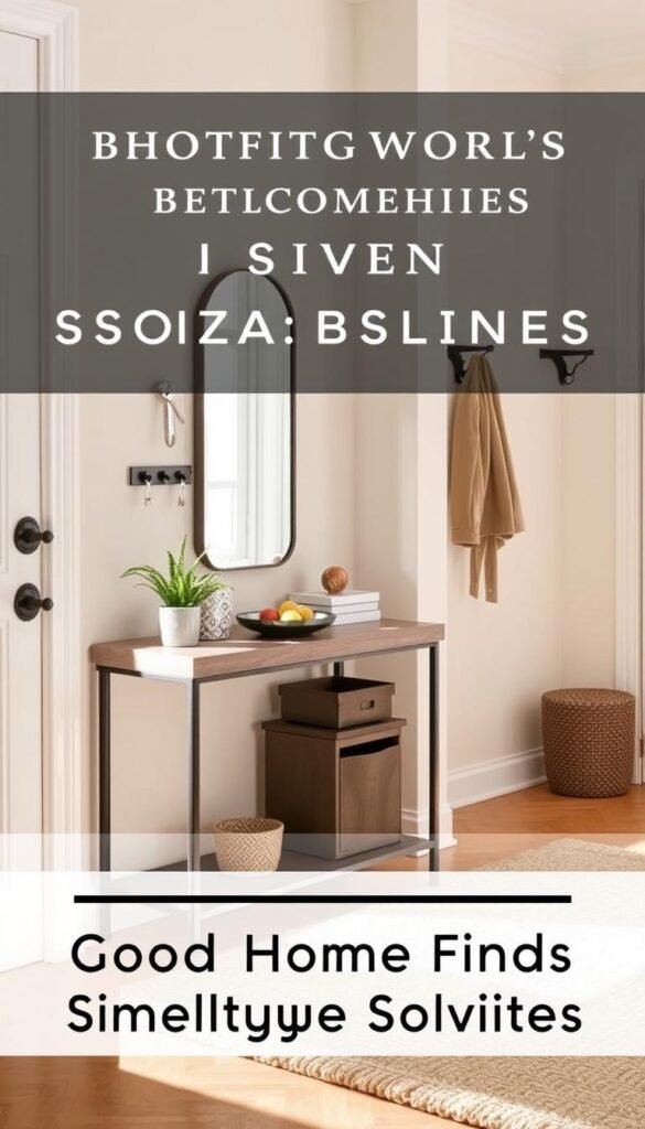 A cozy and inviting small entryway space adorned with stylish storage solutions. In the foreground, a sleek console table with a minimalist design sits against the wall, topped with decorative items like a small potted plant and a stylish bowl for keys. The middle section features an organized key rack and a small mirror that reflects soft, natural light filtering through a window nearby. The background showcases pale pastel walls, enhancing the room's brightness, with a tasteful coat rack and a textured area rug that adds warmth. Lighting is bright and cheerful, creating a welcoming atmosphere. The image should embody a Pinterest-style aesthetic, focusing on well-organized elements that create a functional, yet stylish entryway. GoodHomeFinds.