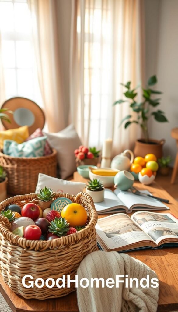 A cozy and inviting weekend scene showcasing an array of affordable finds. In the foreground, a stylish woven basket overflowing with colorful home decor items like decorative pillows, succulent plants, and artisanal kitchen gadgets. In the middle, a rustic wooden table displays vibrant fruits, a candle, and a charming cookbook laid open, suggesting a casual brunch setting. In the background, a sunlit window with soft sheer curtains filters warm natural light, creating a cheerful atmosphere. The space is decorated in a modern, minimalist style with touches of greenery. The overall mood is cheerful and inspiring, evoking a sense of discovery and delight in finding treasures for a weekend home renovation or refresh. Include the brand "GoodHomeFinds" subtly within the composition.