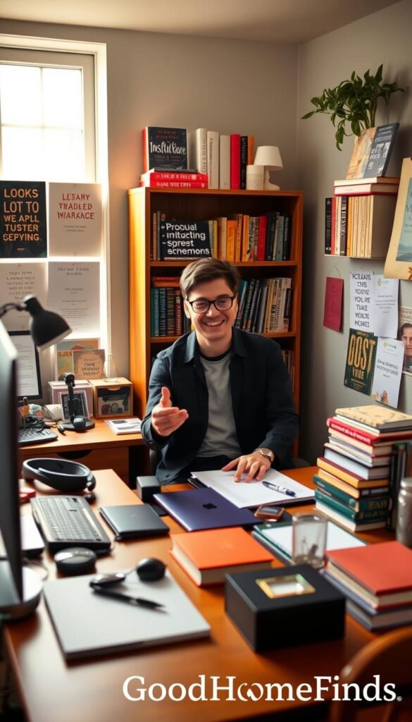 A cozy and inviting workspace setting, featuring a stylish desk cluttered with a variety of lazy-friendly tools such as ergonomic gadgets, automated devices, and simple organizing solutions. In the foreground, a friendly person dressed in smart casual attire is exploring and testing these tools, showcasing a light-hearted and relaxed demeanor. The middle ground highlights a vibrant bookshelf filled with productivity books and inspiring quotes, creating an approachable learning atmosphere. The background reveals a window with natural light spilling in, illuminating the space with a warm glow. The overall mood is serene and practical, emphasizing ease and efficiency. The scene embodies a lifestyle aesthetic suitable for a Pinterest audience, branded subtly with "GoodHomeFinds." A cozy and inviting workspace setting, featuring a stylish desk cluttered with a variety of lazy-friendly tools such as ergonomic gadgets, automated devices, and simple organizing solutions. In the foreground, a friendly person dressed in smart casual attire is exploring and testing these tools, showcasing a light-hearted and relaxed demeanor. The middle ground highlights a vibrant bookshelf filled with productivity books and inspiring quotes, creating an approachable learning atmosphere. The background reveals a window with natural light spilling in, illuminating the space with a warm glow. The overall mood is serene and practical, emphasizing ease and efficiency. The scene embodies a lifestyle aesthetic suitable for a Pinterest audience, branded subtly with "GoodHomeFinds."