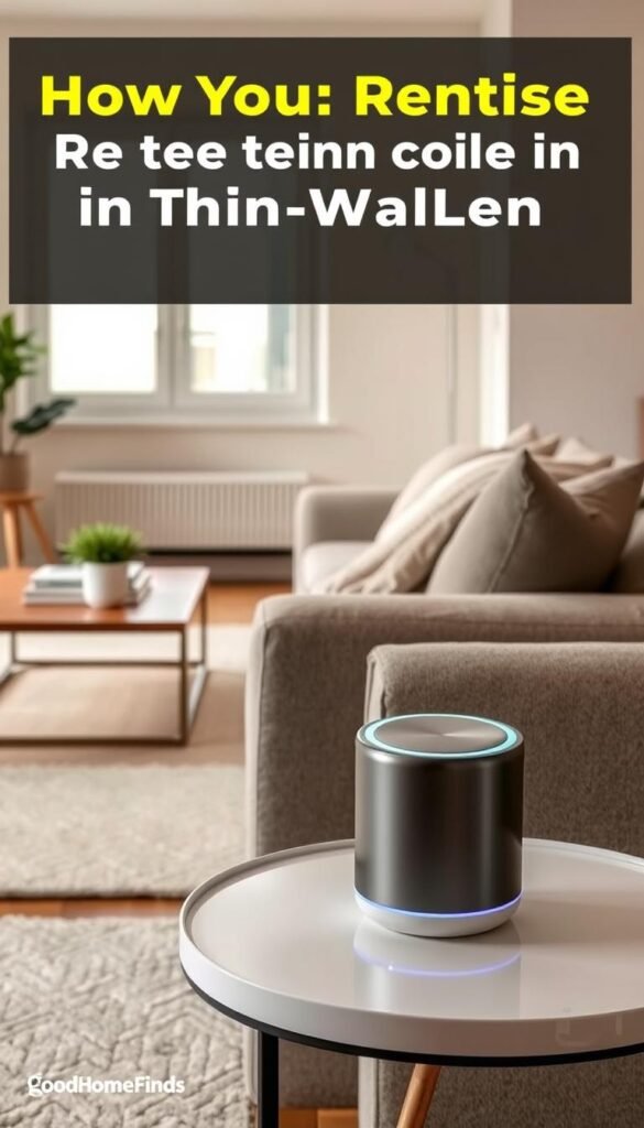 A cozy and modern apartment interior featuring a compact portable sound machine prominently placed on a stylish side table beside a plush sofa. In the foreground, the sound machine is sleek and contemporary, with soft LED lights. In the middle, a warm, inviting living room scene includes a neatly arranged coffee table with a few books and a plant, and a soft throw blanket draped over the couch. The background showcases a minimalistic decor with light-colored walls and a large window letting in natural light, creating a serene atmosphere. The mood is tranquil and relaxing, ideal for helping renters cope with noise in thin-walled apartments. This lifestyle image embodies practicality and comfort for urban living. GoodHomeFinds.