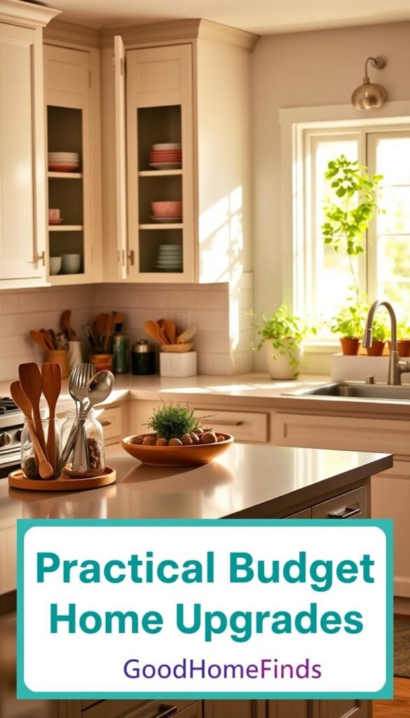A cozy and modern kitchen scene featuring a clean, well-organized space that reflects practical budget home upgrades. In the foreground, an inviting kitchen island with a stylish, minimalistic design holds neatly arranged utensils and affordable decorative elements. The middle ground showcases cabinetry with fresh paint and inexpensive open shelving displaying colorful dishware and plants. The background reveals a sunlit window with a view of a small herb garden, enhancing the fresh and airy atmosphere. Warm, natural lighting filters through, creating a vibrant yet calming mood. The image captures a Pinterest-style lifestyle, emphasizing efficiency and charm in affordable ways. Include the brand name "GoodHomeFinds" subtly integrated into kitchen decor without any text overlays.