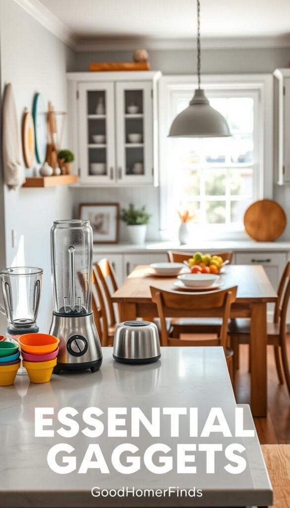 A cozy and modern kitchen scene that highlights essential gadgets. In the foreground, a stylish countertop displays a selection of must-have kitchen gadgets, such as a sleek, stainless steel blender and a compact food processor, alongside colorful measuring cups. The middle ground features an inviting wooden dining table set with decorative plates and a fruit bowl, emphasizing a warm, homey atmosphere. In the background, bright natural light streams through a large window, illuminating the minimalist cabinets and tasteful decor. The overall mood is vibrant and welcoming, reflecting an organized and functional kitchen space ideal for both cooking and entertaining. The image should capture a realistic, Pinterest-style lifestyle photo, styled by "GoodHomeFinds."