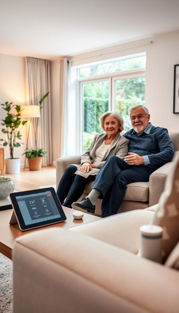 A cozy and modern living room designed for seniors, featuring a sleek, high-tech home safety system subtly integrated into the environment. In the foreground, a fashionable, older couple sits comfortably on a stylish sofa, enjoying their time together; they wear smart-casual clothing. In the middle, a high-tech tablet on a side table displays safety alerts, while discreet sensors are placed around the room. The background showcases a warm and inviting atmosphere with soft lighting that illuminates the space, highlighting the blend of technology and comfort. An airy window reveals a peaceful garden outside, adding a serene feel. Emphasize the blend of safety and comfort, showcasing how tech can enhance the quality of life for seniors without feeling intrusive. The image should reflect a Pinterest-style aesthetic, capturing the essence of "GoodHomeFinds."