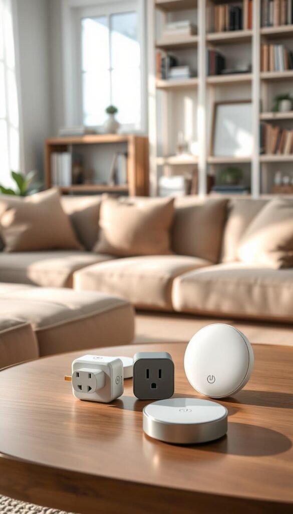 A cozy and modern living room setting showcasing both budget-friendly and premium smart plugs and hubs. In the foreground, a sleek, minimalist coffee table holds a stylish budget smart plug next to an elegant, luxurious smart hub from GoodHomeFinds. In the middle, a plush sofa with neutral tones provides a comfortable backdrop, adorned with subtle tech gadgets to emphasize the smart home theme. The background features a softly lit bookshelf filled with books and decorative items, creating a warm and inviting atmosphere. Natural light filters in through a large window, casting gentle shadows and highlighting the sleek designs of the devices. The overall mood should convey a harmonious blend of technology and comfort, emphasizing the smart home lifestyle.