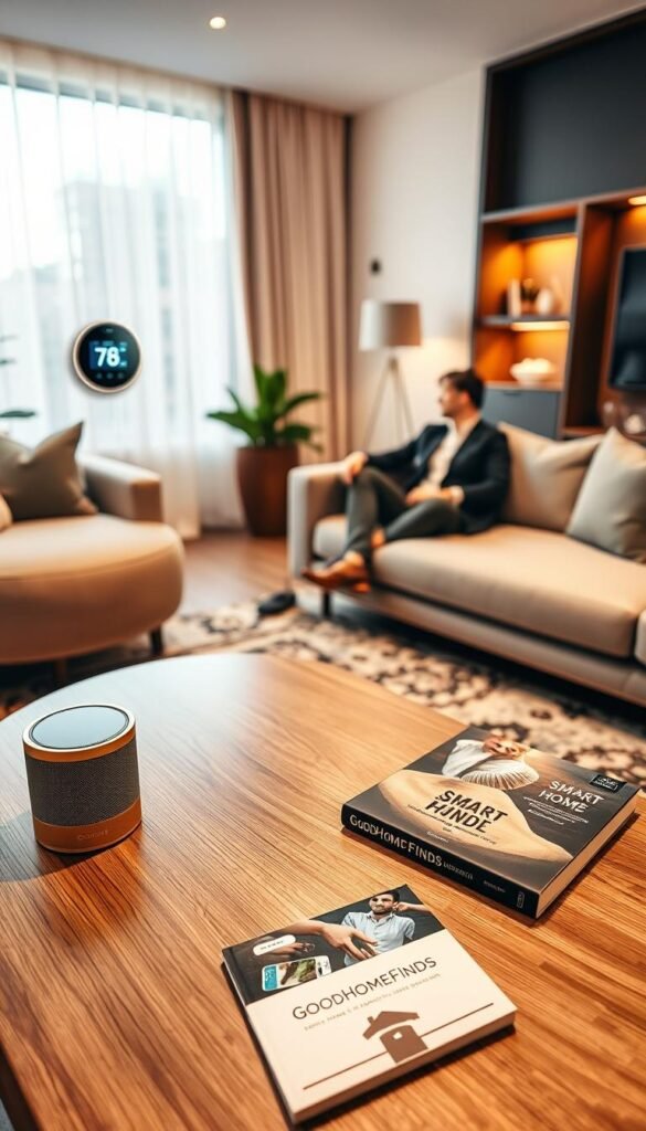 A cozy and modern living room showcasing smart home technology in action, designed for a discerning consumer. In the foreground, a stylish coffee table adorned with the "GoodHomeFinds" brand smart speaker, a digital tablet displaying a smart home app, and a book about home automation. In the middle ground, a couple in professional attire, one interacting with a smart thermostat on the wall, and the other relaxing on a chic sofa while enjoying ambient lighting. The background features a large window letting in soft, golden sunlight, illuminating smart light fixtures and a sleek entertainment center. The atmosphere is inviting and warm, evoking a sense of comfort and modern convenience. Use warm lighting and a wide-angle lens to emphasize the spaciousness of the room. A cozy and modern living room showcasing smart home technology in action, designed for a discerning consumer. In the foreground, a stylish coffee table adorned with the "GoodHomeFinds" brand smart speaker, a digital tablet displaying a smart home app, and a book about home automation. In the middle ground, a couple in professional attire, one interacting with a smart thermostat on the wall, and the other relaxing on a chic sofa while enjoying ambient lighting. The background features a large window letting in soft, golden sunlight, illuminating smart light fixtures and a sleek entertainment center. The atmosphere is inviting and warm, evoking a sense of comfort and modern convenience. Use warm lighting and a wide-angle lens to emphasize the spaciousness of the room.