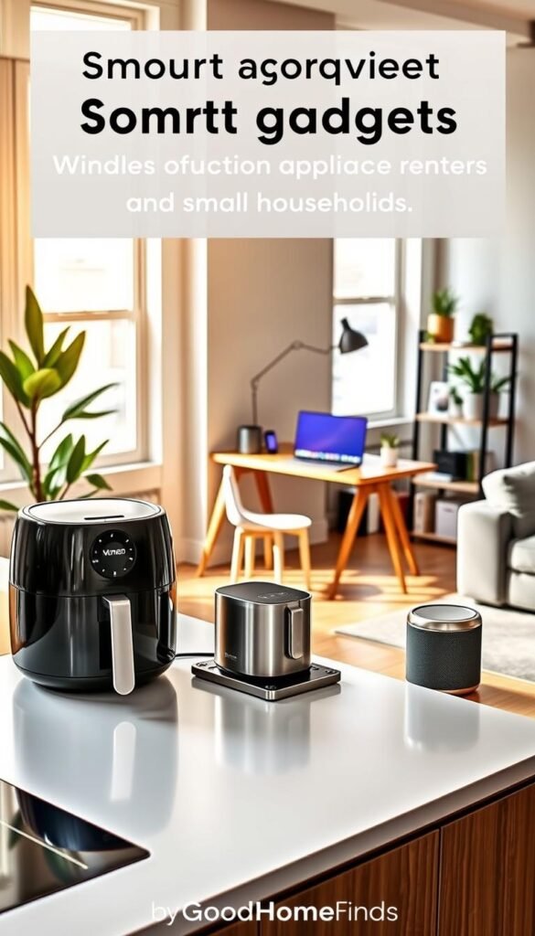 A cozy and modern studio apartment featuring smart gadgets tailored for renters and small households. In the foreground, showcase a compact multi-function kitchen appliance, like a sleek air fryer, next to a stylish coffee maker set on a minimalist countertop. In the middle, present an ergonomic desk with a wireless charging pad and compact smart speaker, alongside a tidy bookshelf filled with tech gadgets and plants. The background reveals large windows with light streaming in, highlighting a neatly organized living area with a comfortable sofa and small dining table. Use soft, natural lighting to create an inviting atmosphere, focusing on a warm color palette. Capture the scene from a slightly elevated angle, emphasizing the efficient use of space. This image embodies modern living with practical tech, branded with “GoodHomeFinds.” A cozy and modern studio apartment featuring smart gadgets tailored for renters and small households. In the foreground, showcase a compact multi-function kitchen appliance, like a sleek air fryer, next to a stylish coffee maker set on a minimalist countertop. In the middle, present an ergonomic desk with a wireless charging pad and compact smart speaker, alongside a tidy bookshelf filled with tech gadgets and plants. The background reveals large windows with light streaming in, highlighting a neatly organized living area with a comfortable sofa and small dining table. Use soft, natural lighting to create an inviting atmosphere, focusing on a warm color palette. Capture the scene from a slightly elevated angle, emphasizing the efficient use of space. This image embodies modern living with practical tech, branded with “GoodHomeFinds.”
