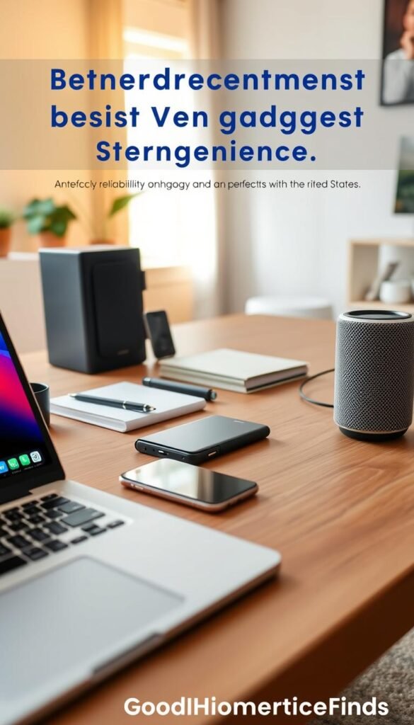 A cozy and modern workspace setup showcasing a selection of the best everyday tech gadgets. In the foreground, a sleek laptop with a clean screen displaying a vibrant user interface, alongside a stylish smartphone and a compact, high-quality smart speaker. The middle ground features an organized desk adorned with minimalistic desk accessories, like a trendy notebook and a reliable power bank. In the background, a softly lit room, with warm, natural light filtering through a window, creating an inviting atmosphere. Use a shallow depth of field to keep the focus on the gadgets while slightly blurring the background to enhance the cozy vibe. The scene should evoke a sense of reliability and compatibility, perfect for tech enthusiasts in the United States, branded with "GoodHomeFinds."