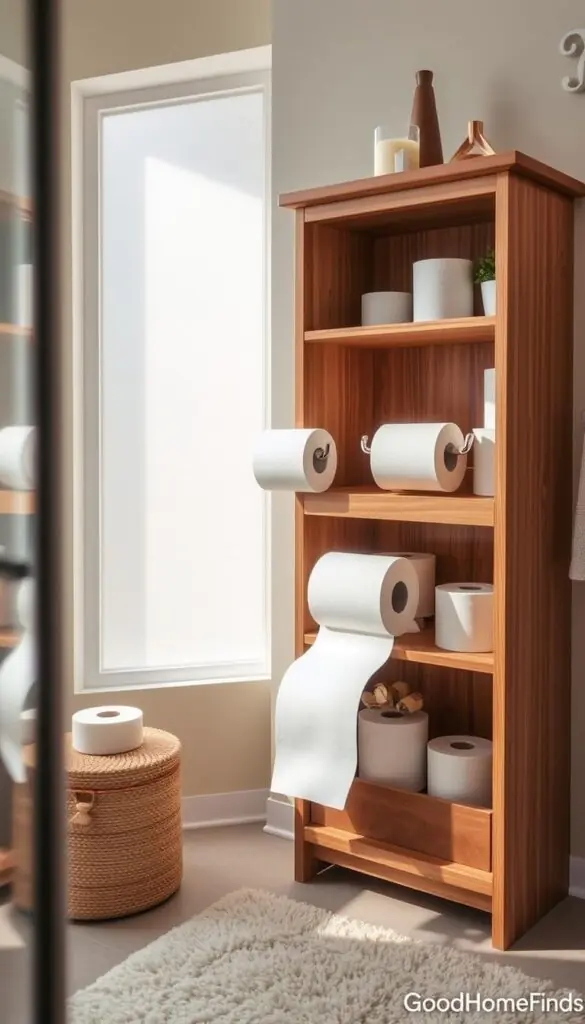 A cozy and organized bathroom setting featuring a stylish toilet paper storage solution. In the foreground, a well-designed wooden cabinet with neat shelves displaying neatly arranged rolls of toilet paper, complemented by decorative items like a small potted plant and a chic candle. In the middle, a modern toilet paper holder mounted on the wall, displaying a roll in use. The background reveals a glimpse of soothing pastel-colored walls and a plush bath mat, creating a warm ambiance. Soft, natural lighting filters through a frosted window, casting gentle shadows for depth. The scene evokes a sense of calm and practicality, perfect for a Pinterest-style lifestyle photo. GoodHomeFinds.