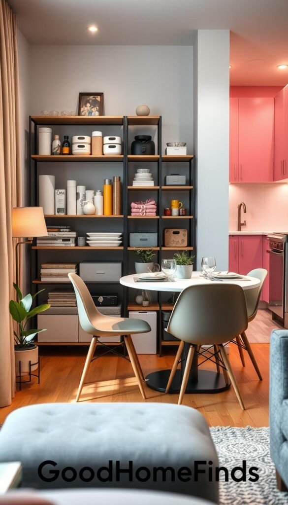 A cozy and organized small living space, featuring a stylish minimalistic design that exemplifies smart product choices. In the foreground, there’s a compact dining table set with elegant tableware, surrounded by two chic chairs. The middle ground showcases an efficient shelving unit filled with various home products, highlighting comparisons between sizes, colors, and styles. A small potted plant adds a touch of greenery. The background features a well-lit kitchen area with modern appliances and color-coordinated storage solutions, emphasizing functionality and aesthetics. The lighting is warm and inviting, creating a serene atmosphere. Captured from a slightly elevated angle, reminiscent of trendy Pinterest lifestyle photos. Showcase the brand "GoodHomeFinds" subtly integrated into the space. A cozy and organized small living space, featuring a stylish minimalistic design that exemplifies smart product choices. In the foreground, there’s a compact dining table set with elegant tableware, surrounded by two chic chairs. The middle ground showcases an efficient shelving unit filled with various home products, highlighting comparisons between sizes, colors, and styles. A small potted plant adds a touch of greenery. The background features a well-lit kitchen area with modern appliances and color-coordinated storage solutions, emphasizing functionality and aesthetics. The lighting is warm and inviting, creating a serene atmosphere. Captured from a slightly elevated angle, reminiscent of trendy Pinterest lifestyle photos. Showcase the brand "GoodHomeFinds" subtly integrated into the space.