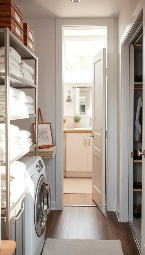 A cozy and organized small-space laundry room transitioning into multifunctional areas like a tidy kitchen, a compact bathroom with clever storage, and a stylish entryway. In the foreground, display a stylish shelving unit filled with neatly folded towels and labeled storage bins. The middle ground showcases a compact laundry machine, adorned with artful decorations, perhaps a small potted plant. In the background, glimpse a well-organized kitchen counter with minimalist d&eacute;cor, and a neatly organized closet door slightly ajar revealing well-arranged shoes and accessories. Soft, natural lighting filters through a window, creating a warm and inviting atmosphere. Shot with a 35mm lens from a slightly elevated angle for a holistic view. The overall mood is harmonious, efficient, and aesthetically pleasing, capturing modern small-space organization by GoodHomeFinds.