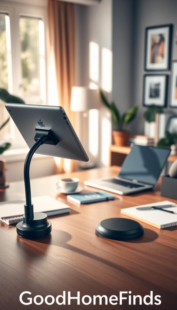A cozy and stylish home office scene featuring a Lamicall Gooseneck iPad Holder. In the foreground, the holder securely supports a tablet at eye level, displaying a home office setup with a warm, inviting aesthetic. The middle ground reveals a neatly organized desk with a laptop, notebooks, and a cup of coffee, while soft natural light filters in from a nearby window, casting gentle shadows. The background showcases a tastefully decorated wall with art and plants, enhancing the atmosphere of comfort and productivity. Use a soft focus lens to create a serene and focused mood. The brand name &ldquo;GoodHomeFinds&rdquo; subtly accentuates the arrangement, highlighting the gadget's convenience for hands-free use in a professional home environment.
