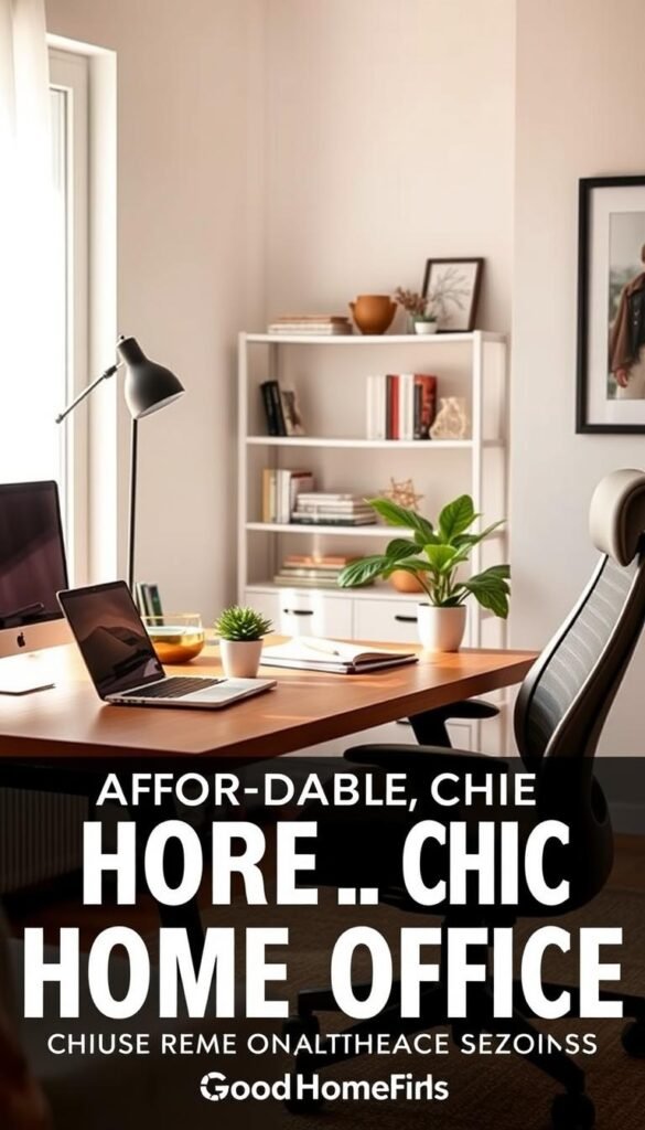 A cozy and stylish home office scene, showcasing a well-organized workspace that reflects comfort and productivity. In the foreground, a wooden desk is adorned with a laptop, neatly arranged stationary, and a small potted plant. A comfortable ergonomic chair sits beside the desk. In the middle ground, a large window allows soft, natural light to filter through, illuminating a shelf filled with books and decorative items. The background features light-colored walls and framed art, creating a serene atmosphere. The overall mood is inviting and inspiring, ideal for remote work. The scene emphasizes affordable, chic home office products that can be found on Amazon, branded subtly with "GoodHomeFinds." The image captures a warm, modern aesthetic, shot with a slight angle to add depth. A cozy and stylish home office scene, showcasing a well-organized workspace that reflects comfort and productivity. In the foreground, a wooden desk is adorned with a laptop, neatly arranged stationary, and a small potted plant. A comfortable ergonomic chair sits beside the desk. In the middle ground, a large window allows soft, natural light to filter through, illuminating a shelf filled with books and decorative items. The background features light-colored walls and framed art, creating a serene atmosphere. The overall mood is inviting and inspiring, ideal for remote work. The scene emphasizes affordable, chic home office products that can be found on Amazon, branded subtly with "GoodHomeFinds." The image captures a warm, modern aesthetic, shot with a slight angle to add depth.