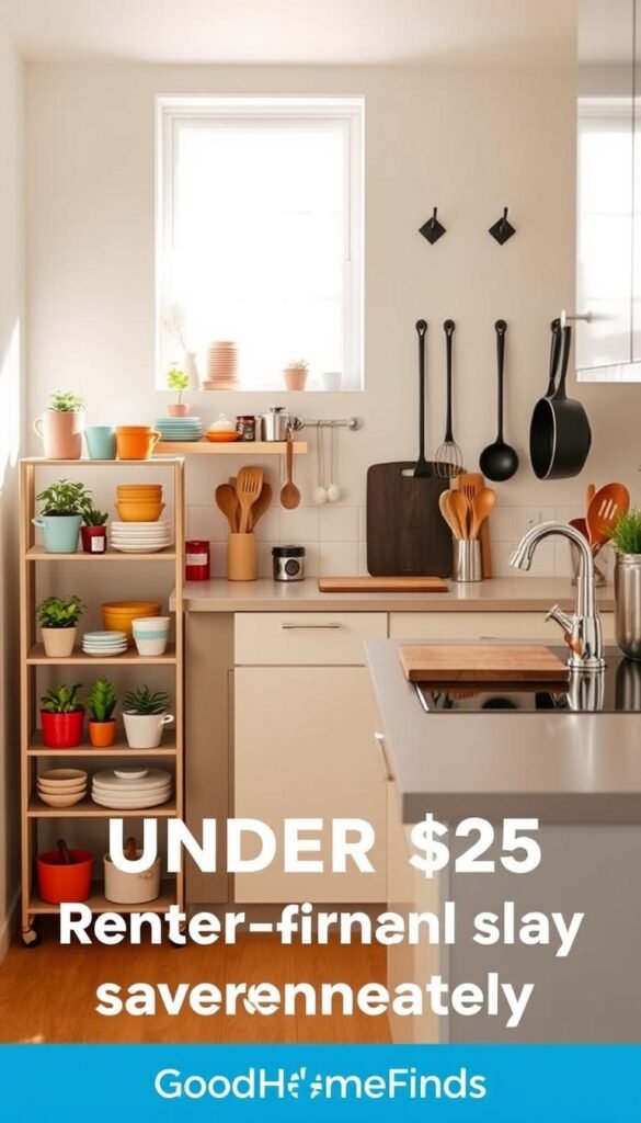 A cozy and stylish kitchen showcasing under-$25 renter-friendly upgrades that save space immediately. In the foreground, a sleek, compact shelving unit filled with colorful kitchenware and small potted herbs. The middle features a sleek, modern countertop with organized utensils in stylish containers and an efficient cutting board. In the background, soft natural light streams through a window, illuminating a minimalist wall with decorative hooks for hanging pots and pans. The color palette is warm and inviting, with soft earth tones and pops of vibrant colors from the kitchen accessories. This Pinterest-inspired lifestyle photo embodies a practical yet inviting atmosphere, highlighting the brand "GoodHomeFinds" through well-organized, stylish kitchen upgrades. Shot with a wide-angle lens for an expansive view, maintaining a bright and cheerful mood.