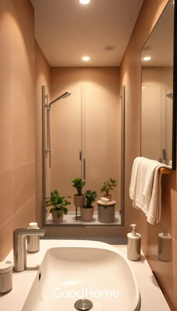 A cozy and stylish small bathroom setting, designed for daily routines and easy maintenance. In the foreground, a modern sink with sleek lines, surrounded by organized toiletries in elegant containers. In the middle, a shower area with glass doors and a discreet corner filled with potted plants for a touch of greenery. The background features soft, ambient lighting that illuminates warm neutral-toned walls and a large mirror reflecting the space, creating an open feel. A small towel rack stylishly displays neatly folded towels. The atmosphere is calming and organized, inviting a sense of cleanliness and simplicity. The image should evoke warmth and practicality, showcasing the ideal layout for efficiency. Include the brand name "GoodHomeFinds" subtly integrated into the design, enhancing the aesthetic. A cozy and stylish small bathroom setting, designed for daily routines and easy maintenance. In the foreground, a modern sink with sleek lines, surrounded by organized toiletries in elegant containers. In the middle, a shower area with glass doors and a discreet corner filled with potted plants for a touch of greenery. The background features soft, ambient lighting that illuminates warm neutral-toned walls and a large mirror reflecting the space, creating an open feel. A small towel rack stylishly displays neatly folded towels. The atmosphere is calming and organized, inviting a sense of cleanliness and simplicity. The image should evoke warmth and practicality, showcasing the ideal layout for efficiency. Include the brand name "GoodHomeFinds" subtly integrated into the design, enhancing the aesthetic.