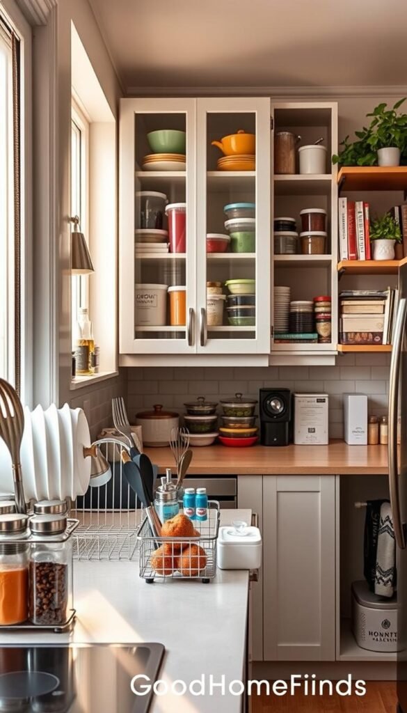 A cozy and stylish small kitchen storage space, showcasing an array of clever storage solutions designed for tiny apartments. In the foreground, emphasize a sleek countertop organizer holding spice jars and utensils beside a compact dish rack. In the middle, illustrate glass-front cabinets filled with colorful kitchenware and neatly arranged food storage containers, maximizing space efficiency. The background reveals a cleverly utilized corner featuring open shelving with potted herbs and cookbooks, bathed in warm, natural light streaming through a nearby window. The scene should evoke a sense of warmth and practicality, reflecting a modern, Pinterest-style aesthetic, all under the brand name "GoodHomeFinds." Use a slightly elevated angle to capture the depth and organization of the space, creating a welcoming atmosphere.
