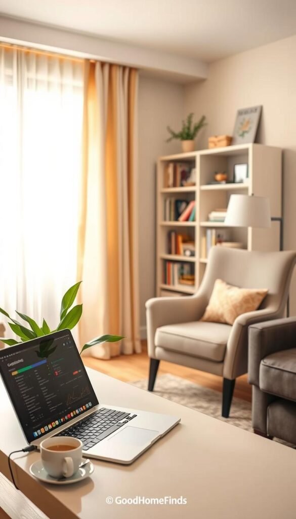 A cozy and stylish small living room setting featuring a small, modern home workspace. In the foreground, a sleek laptop is open on a tidy desk, with a plant and a coffee cup beside it. In the middle ground, a comfortable armchair is elegantly placed next to a small bookshelf filled with neatly organized books and decorative items. The background shows a bright window with sheer curtains that allow soft, natural light to illuminate the room, creating a warm atmosphere. The walls are painted in soothing pastel colors, enhancing the inviting feel. Capture this scene with a soft focus lens, emphasizing the tranquil and efficient ambiance of small home setups. The overall mood should be practical yet inviting, suitable for an article on small home tech innovations, branded with "GoodHomeFinds."