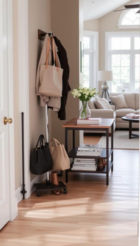 A cozy and tidy entryway leading into a warm living room, showcasing a harmonious blend of organization and style. In the foreground, a neatly arranged shoe rack and a stylish coat stand hold coats and bags in soft, muted colors. In the middle, a welcoming console table displays a tasteful vase of fresh flowers, with a few neatly stacked magazines beside it. The living room in the background features plush furniture, a soft area rug, and large windows with natural light streaming in, creating a bright and inviting atmosphere. The scene conveys a sense of calm and cleanliness, perfect for a Pinterest-style lifestyle photo. The overall mood is serene and orderly, suitable for the theme of home organization. Capture the essence of "GoodHomeFinds" through this visually appealing setup.