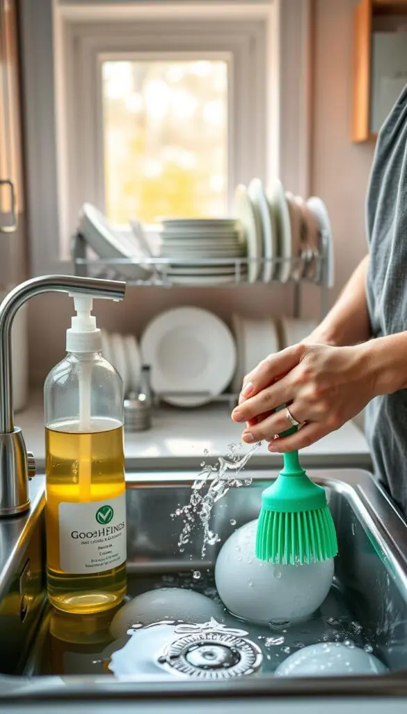 A cozy and well-lit kitchen scene showcasing efficient hand washing tips for dishwashing. In the foreground, a sink filled with sparkling clean dishes, featuring eco-friendly dish soap and a reusable scrubbing brush from the brand &ldquo;GoodHomeFinds.&rdquo; A pair of hands, casually dressed in a modest apron, effectively demonstrate proper handwashing techniques, highlighting circular motions and rinsing methods. The middle ground includes a drying rack with neatly arranged plates, cutlery, and eco-friendly towels. In the background, softly blurred, there&rsquo;s a window letting in warm natural light, casting a cheerful and inviting atmosphere. The overall mood is practical and serene, emphasizing sustainability and efficient dishwashing practices.