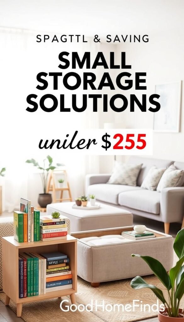 A cozy and well-organized small living space featuring practical and stylish storage solutions under $25. In the foreground, a compact bookshelf with neatly stacked colorful books and decorative plants. The middle ground showcases a multifunctional ottoman that doubles as storage, surrounded by lightweight, minimalist furniture, like a small coffee table and a stylish rug. In the background, a bright window with sheer curtains lets in soft, natural light, enhancing the warm and inviting atmosphere. The overall mood is cheerful and inspiring, ideal for showcasing versatile space-saving ideas. Capture the essence of a perfectly arranged small space, embodying the brand essence of "GoodHomeFinds," in a Pinterest-worthy lifestyle image.