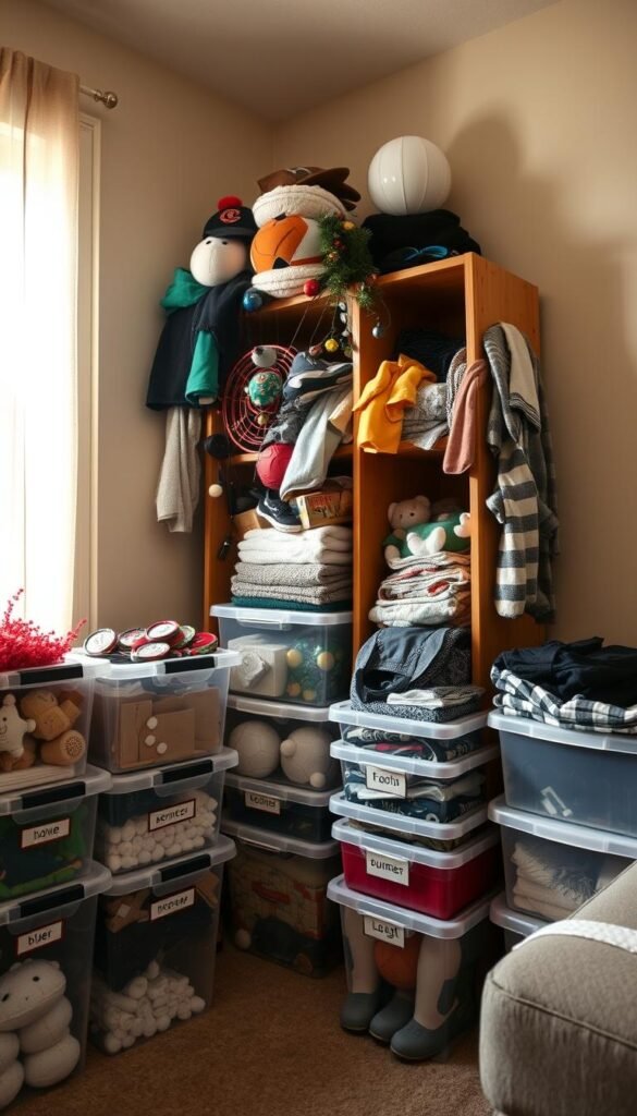 A cozy apartment corner showcasing an organized yet slightly chaotic seasonal item storage setup. In the foreground, neatly stacked clear plastic bins filled with winter decorations and summer outdoor gear, labeled for easy identification. In the middle ground, a wooden shelving unit overflowing with items like holiday lights, beach towels, and sports equipment, some items spilling over and creating a sense of mild disorder. The background features a soft, warm light filtering through a window, casting gentle shadows on the beige walls. The atmosphere is inviting and practical, emphasizing organization amidst the seasonal clutter. The image should reflect a Pinterest-inspired lifestyle aesthetic, embodying the brand "GoodHomeFinds".