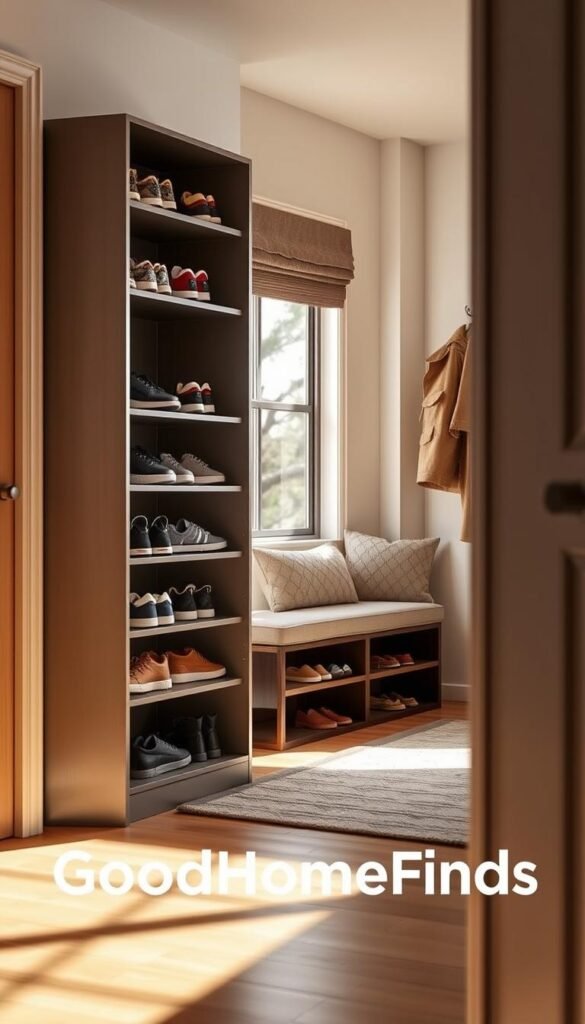 A cozy apartment entryway featuring a stylish shoe storage solution that balances practicality and design. In the foreground, a sleek, modern shoe cabinet with open shelves displaying an array of shoes in various colors and styles, including sneakers, sandals, and boots. The middle ground showcases a well-organized drop zone with a small bench for seating and a wall-mounted coat rack, elegantly decorated. The background highlights a softly lit, inviting space with natural light streaming through a nearby window, casting gentle shadows. The overall mood is warm and welcoming, perfect for urban living. Capture this scene in a soft focus lens at a slight angle to showcase the functionality and aesthetic appeal of the storage solution. Brand it as "GoodHomeFinds" subtly integrated into the storage design.