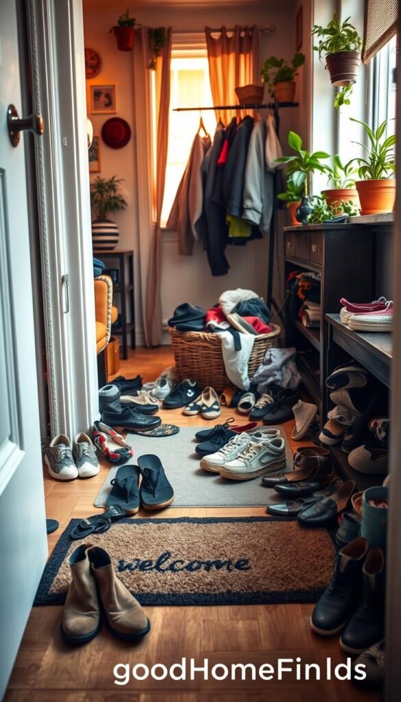 A cozy apartment entryway overflowing with shoe clutter, including a variety of shoes scattered haphazardly on the floor, a small shoe rack partially filled, and a few stray flip-flops near the door. The foreground features a doormat with a welcoming message and a pair of stylish ankle boots. In the middle, an overflowing basket holds mismatched shoes, while a coat rack displays jackets and hats, hinting at a busy lifestyle. The background reveals a soft-lit, inviting atmosphere with potted plants adorning the walls and warm, natural light filtering through a nearby window. The scene evokes a sense of everyday chaos, capturing the struggle of managing shoe clutter in urban living spaces. Shot with a wide-angle lens to emphasize the cozy depth. GoodHomeFinds style. A cozy apartment entryway overflowing with shoe clutter, including a variety of shoes scattered haphazardly on the floor, a small shoe rack partially filled, and a few stray flip-flops near the door. The foreground features a doormat with a welcoming message and a pair of stylish ankle boots. In the middle, an overflowing basket holds mismatched shoes, while a coat rack displays jackets and hats, hinting at a busy lifestyle. The background reveals a soft-lit, inviting atmosphere with potted plants adorning the walls and warm, natural light filtering through a nearby window. The scene evokes a sense of everyday chaos, capturing the struggle of managing shoe clutter in urban living spaces. Shot with a wide-angle lens to emphasize the cozy depth. GoodHomeFinds style.