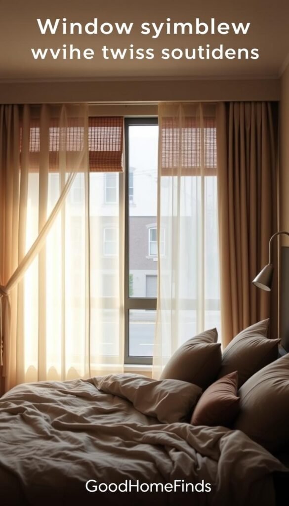 A cozy apartment interior featuring stylish window privacy solutions for a tranquil sleep environment. In the foreground, an elegantly designed window adorned with modern, sheer curtains allowing soft natural light to filter through, complemented by bamboo shades providing privacy. In the middle ground, a comfortable bed draped with a calming, neutral-toned quilt, with decorative throw pillows in muted colors. The background showcases a quiet street view through the partially closed curtains, enhancing the sense of seclusion. Warm, diffused lighting creates a serene atmosphere, inviting relaxation and peace. The scene is captured from a slightly elevated angle, reminiscent of a Pinterest lifestyle photo, featuring the brand name &ldquo;GoodHomeFinds&rdquo; subtly integrated into the decor.