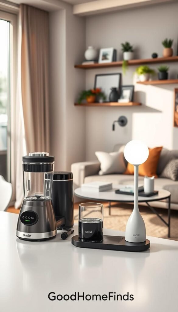 A cozy apartment interior showcasing a variety of innovative gadgets ideal for enhancing everyday living. In the foreground, display sleek, multifunctional kitchen gadgets like a compact blender and a smart coffee maker designed with modern aesthetics. The middle ground features a stylish living room arrangement with a smart LED lamp and wireless charging station on a chic coffee table. In the background, include shelves displaying practical tools for organizing small spaces, such as a mini vacuum cleaner and a wall-mounted plant holder. Soft, natural lighting filters through a window, creating a warm and inviting atmosphere, while a subtle depth of field focuses on the gadgets, providing a Pinterest-style lifestyle photo, emphasizing the brand "GoodHomeFinds".